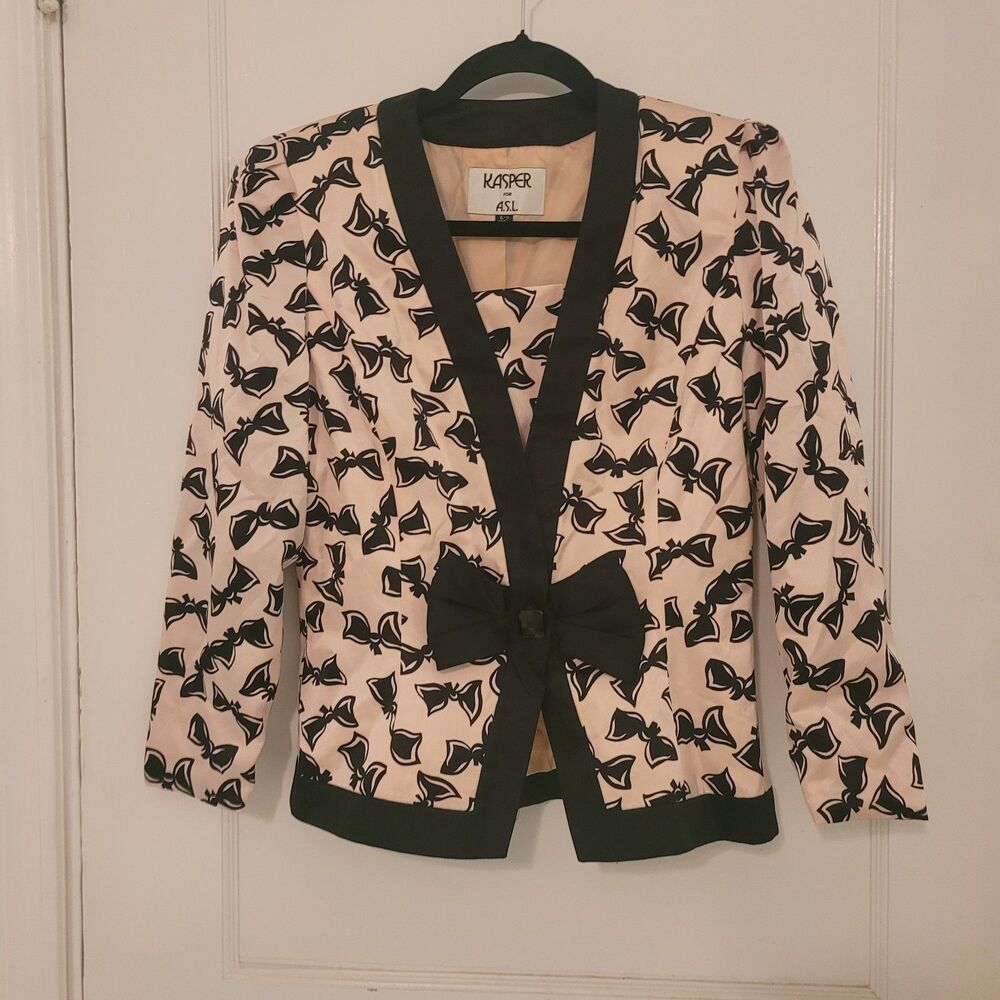 2PC Vtg Pink Black BOW Cocktail Skirt Suit faux silk Set Size 6 7 Small Coquette - Picture 3 of 15